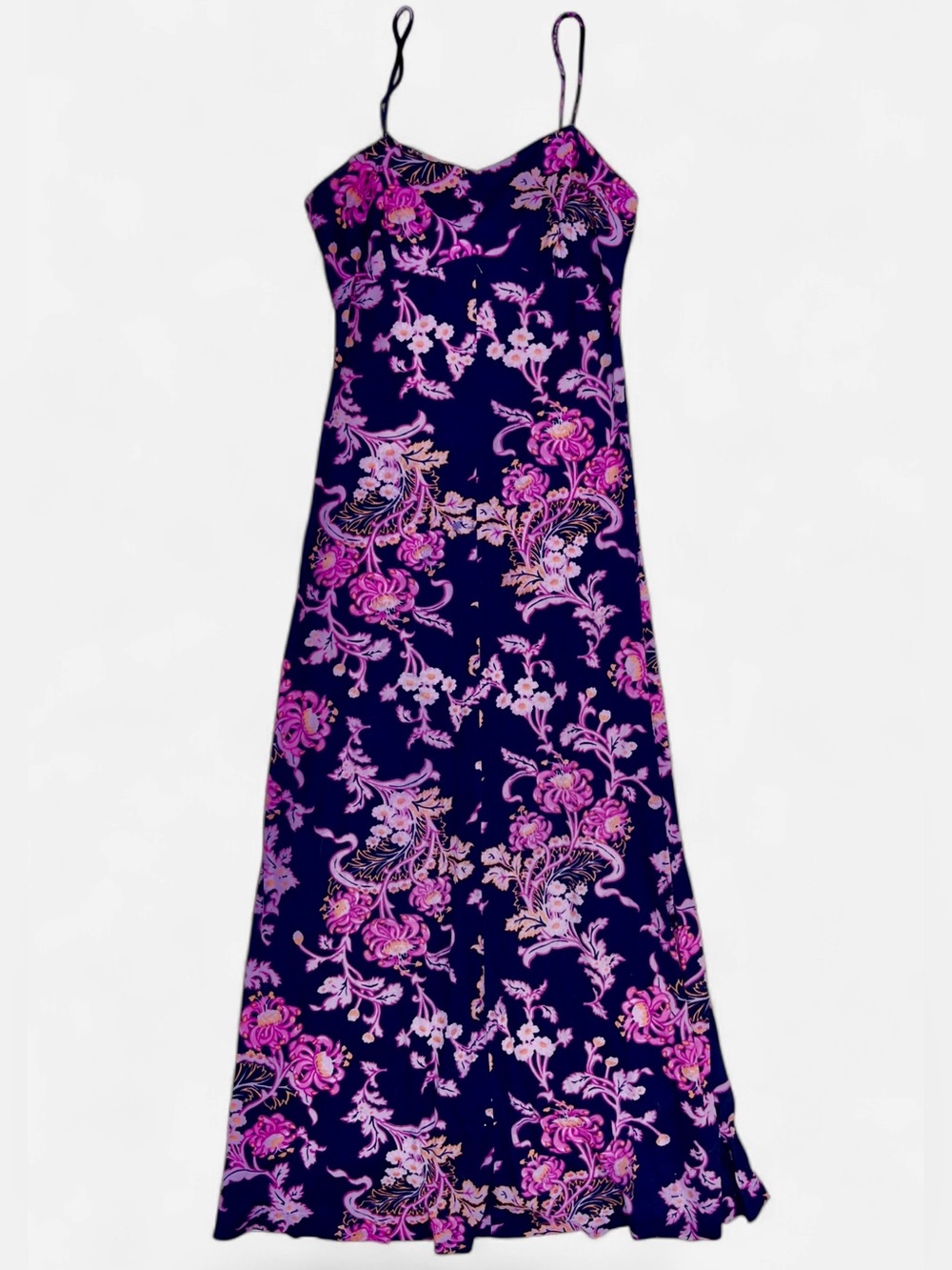 Vintage 70s Floral Maxi Dress | Magenta Navy Psychedelic | Handmade Size S/M